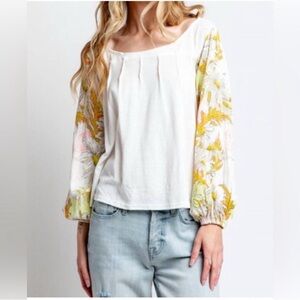 Free People Picking Petals Floral Sleeved Top in Gold Combo Size XS